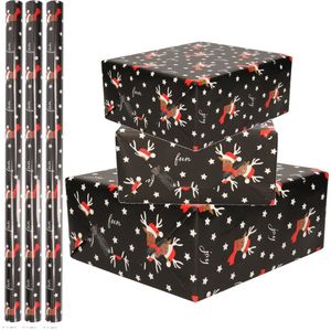 4x Rollen Kerst inpakpapier/cadeaupapier zwart/rendieren fun 2,5 x 0,7 cm - Luxe papier kwaliteit kerstpapier - Kerstmis
