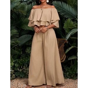 2 delige sexy elegante set luchtige crop ruffle shirt met wijde elastische stretch broek beige maat L