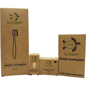 Tu-Untangle Duurzame Mondverzorging Set – 5 Bamboe Tandenborstels, 500 Tandenstokers & 150m Flosdraad – Zero Waste & Natuurlijk