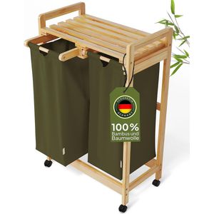 Wasmand met 2 vakken en wieltjes - Groen katoen en bamboe - 60L volume - Voor vuile was - Sorteersysteem - Houten wasbox