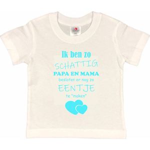 Shirt Aankondiging zwangerschap Ik ben zo schattig papa en mama besloten er nog zo eentje te ""maken"" | korte mouw | wit/aquablauw | maat 122/128 zwangerschap aankondiging bekendmaking
