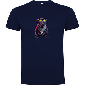Donker Blauw T-Shirt met “ Kleurrijke Flamingo“ Print Full Color maat 104 / 3/4 jaar