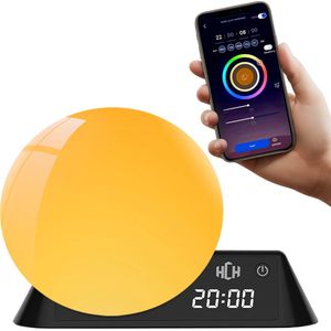 HCH Wake Up Light – LED – Nachtlampje met RGBW Kleurverandering �– 16 Kleuren – Witte Ruis, Timer & Wekker – Afstandsbediening, Bluetooth & App