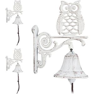 Relaxdays 3x deurbel gietijzer - tuinbel uil - wandbel - vintage tuindecoratie - wit