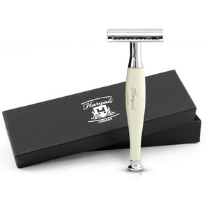 Haryali London Double Edge Safety Razor voor mannen en vrouwen - Elegant scheermes met dubbele rand - Lange steel - Herbruikbaar scheermes - Ivoor - Scheermes met één mes