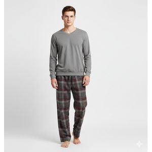 La-V pyjama sets voor heren met geruite flanel broek Grijs/ bordeaux rood M