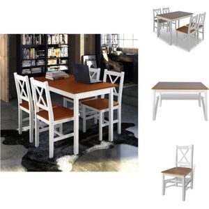 vidaXL Eetkamerset - 5-delige - Massief hout - Bruin/wit - 108x65x73cm - 39x41x85.5cm - Set tafel en stoelen