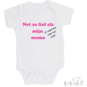 100% katoenen Romper ""Net zo lief als mijn mama en eigenwijs zegt mijn papa"" Meisjes Katoen Wit/roze/zwart Maat 62/68