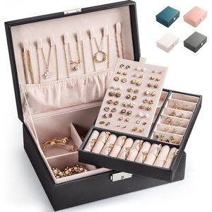 Sieradenkoffer Sieradenkistje Dubbellaags Sieradendoos Sieradenkastje Organizer voor kettingen, oorbellen, ringen, vrouwen (Zwart-M