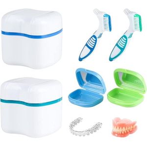 2 containers voor prothesen + 2 containers voor kunstgebitten met spiegel, met mand, box voor dragers met 2 borstels, box voor tandprothesen voor mondhygiëne, blauw + groen