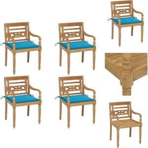 vidaXL Houten Batavia Tuinstoelen - Set van 4 - Teakhout - Inclusief Kussens - Blauw - 55x51.5x84 cm - Tuinstoel