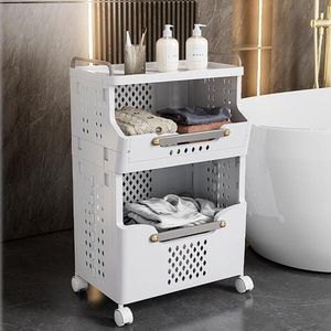 Inklapbare stapelbare wasmand met wielen - opvouwbare wasmand met handgrepen - vuile kledingmand houder - plastic wasbak met wielen (2 lagen)