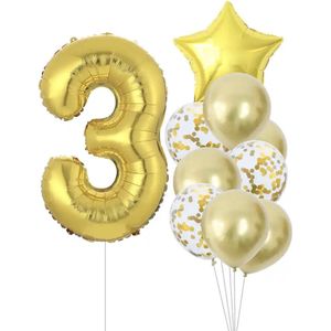 Verjaardag Versiering Meisje Goud - 3 jaar - 10 stuks - Ballonnen - Cijferballon - Kinderfeestje Goud - Bruiloft - Feestversiering - Goude Ballonnen Meisje - Helium - Leeftijdballon - Folieballon - Goude Versiering - Goudkleurige Ballonnen