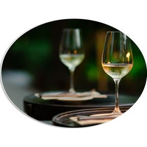 PVC Schuimplaat Ovaal - Twee Glazen Wijn op Tafel van Terras - 56x42 cm Foto op Ovaal (Met Ophangsysteem)