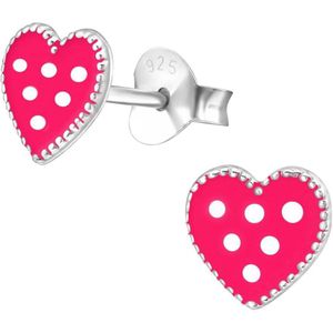 Oorbellen meisje | Kinderoorbellen meisje zilver | Zilveren oorstekers, roze hart met witte stippen | WeLoveSilver