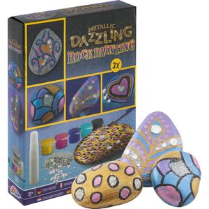 Grafix Metallic Dazzling Rock Painting - Set voor Happy Stones met 3 stenen, 5 kleuren metallic verf en diamant steentjes - Creatief speelgoed voor kinderen vanaf 5 jaar - Inclusief kwast en lijm!