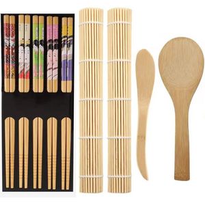 ZFYQ Sushi Set, 9 Stuks Bamboe Sushi Making Kit, inclusief 2 bamboe matten, 5 paar eetstokjes, 1 rijstspatel, 1 schep