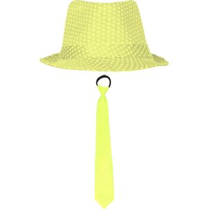 Carnaval verkleed set - hoedje en stropdas - fluor geel - dames/heren
