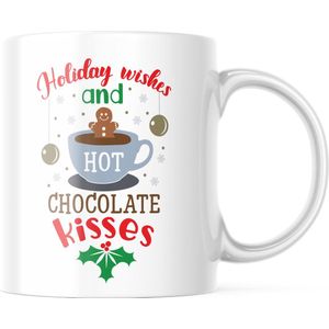 Kerst Mok met tekst: Holiday Wishes And Hot Chocolate kisses | Kerst Decoratie | Kerst Versiering | Grappige Cadeaus | Koffiemok | Koffiebeker | Theemok | Theebeker