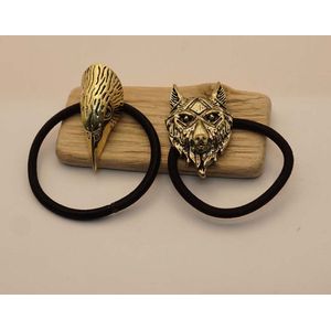 2 gouden haarelastiek wolf en adelaar - luxe haarelastiekjes - haarelastiek met bedel dierenkop - haarelastiekjes - haarelastieken - elastieken voor staart - elastieken voor dames paardenstaart - leuke haarelastieken - mooie haarelastiekjes