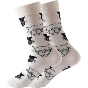 Grappige Sokken met Katten - zwart/wit - Dames maat 36-41 - Dieren/Poes/Kattenkop