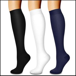 3-compressie sokken voor vrouwen - Sportcompressiekousen - Lange compressiekousen voor dames - vrouwen compressiekousen - Rekbare compressiekousen - voor hardlopen, atletische, reizen-Zwart/Wit/Marineblauw-L/XL