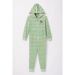 Woody onesie velours unisex - muntgroen gestreept - mammoet - 232-10-ONE-V/923 - maat 116