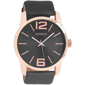OOZOO Timepieces - Rosé goudkleurige horloge met zwarte leren band - C9734
