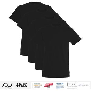 4 Pack Sol's Heren T-Shirt 100% biologisch katoen Ronde hals Zwart Maat L