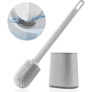 Toiletborstel met 3-in-1 borstelkop, flexibele siliconen wc-borstel voor badkamer met sneldrogende houder, wandmontage zonder boren (grijs, 2 sets zelfklevende haken)