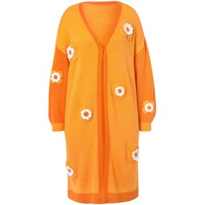 MIAMODA - Dames - Cardigan Straight Fit strepen met bloemen lange mouwen - Fel oranje - Maat 46+