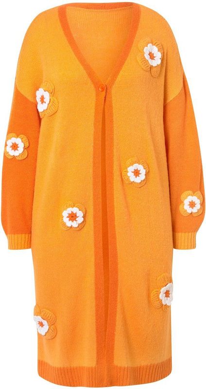 MIAMODA - Dames - Cardigan Straight Fit strepen met bloemen lange mouwen - Fel oranje - Maat 46+