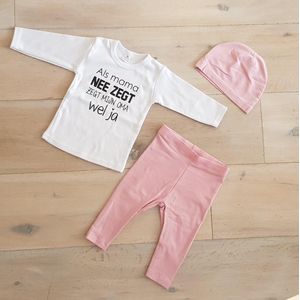 Baby Meisjes cadeau geboorte Setje 3-delig  newborn | maat 62-68 | roze mutsje roze broekje en wit shirtje tekst lange mouw als mama nee zegt zegt oma wel ja  | Bodysuit | Huispakje | Kraamkado | Gift Set