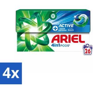 Ariel - 4in1 Wasmiddel Pods - Actieve Geurbestrijding - 26 Pods - Voordeelverpakking - 4 stuks