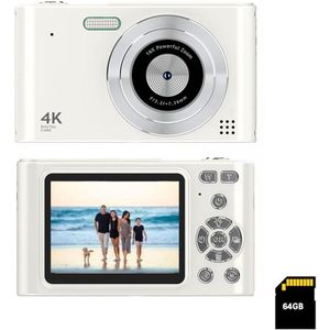 Digitale zakcamera met 16x zoom, 64 GB geheugen, FHD 1080P, anti-shake - Compacte kleine camera als cadeau voor jongens en meisjes (wit)