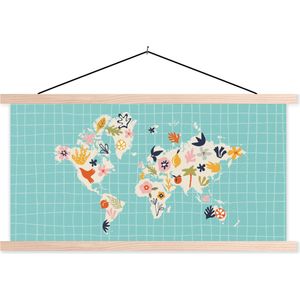 Wanddecoratie - Kinderkamer - Wereldkaart - Bloemen - Fruit - Schoolplaat - 150x75 cm - Textielposter - Textiel poster