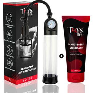 Toys Hub® Penispomp met Glijmiddel, Handgreep & 2 Penisringen - Gratis Ebook - Trekmechanisme – Penis Vergroter – Barometer Display - Sex Toys voor Mannen – 20CM