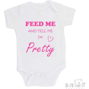 100% katoenen Romper ""Feed me and tell me I'm pretty"" Meisjes Katoen Wit/roze Maat 62/68