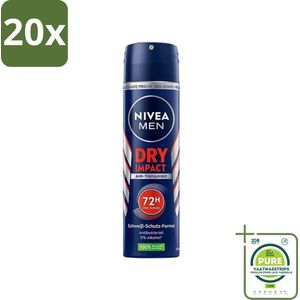 20 x Nivea - Men - Deo Spray - Dry Impact - 48 Uur Lang Werkend - 150 ml - Grootverpakking - NIVEA MEN Deodorant - Anti-transpirant - 48 Uur Bescherming - Deodorant Spray - Mannelijke Geur