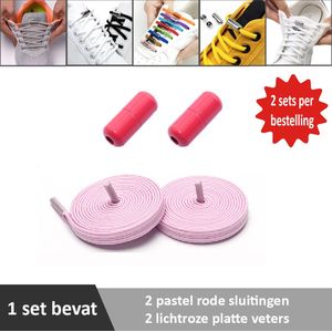 2 paar lichtroze platte elastische veters met pastel rode sluitingen. Je hoeft voortaan nooit meer je veters te strikken.