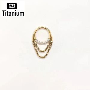 Piercing titanium clicker met dubbel kettinkje front gemmed gold plated