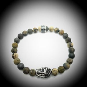 Natuursteen Armband met 925 Sterling Zilver Skull / Buddha / Boedha Bedel van 13 gram Zilver , Handgemaakte Edelsteen Armband met 8mm (Matte Arctic Jaspis) kralen .