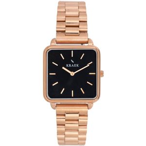 KRAEK Flory Rosé goud Met Zwarte Wijzerplaat 28 mm | Dames Horloge | Rosé goud stalen horlogebandje | Vierkant | Minimaal Design | Schakelband