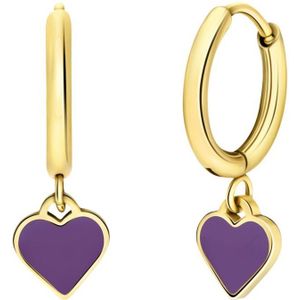 Lucardi - Kinder Stalen goldplated oorringen met hart emaille violet - Oorbellen - Staal - Goudkleurig