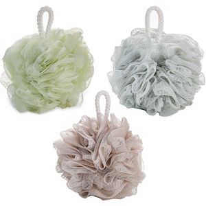 Douche Puff - 3 Stuks - Relaxing Bad - 13 Cm 60 G- Scrubbing Spons - Soft Spons - Douche Spons - Bad Spons - Massage Spons - Douche-Luffa's - Mesh-Poef Lichaam - Badaccessoires - Schuimende Netto Rugscrubbal-Badspons - Blauw + Groen + Kaki
