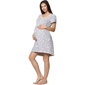 Be Mammy BE-BE20-175-ND Dames Nachtemd - Nachtjapon - Zwangerschaps Nachthemd - korte mouwen - met drukknopen - Katoen - Gemêleerd/Sterren/Crème - XXL