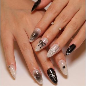 Inovra - Set van 24 Zwarte 3D Nepnagels Met Design, Kunstnagels Om Op Te Plakken - Inclusief 24 Jelly Lijmen, Nagelvijl en Houten Stokje