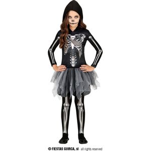 Guirca - Spook & Skelet Kostuum - Dansen In Den Eeuwigheid Mager Skelet - Meisje - Zwart, Grijs - 10 - 12 jaar - Halloween - Verkleedkleding
