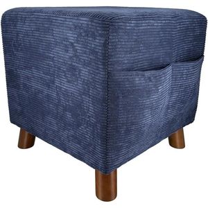 Gestoffeerde kruk corduroy design blauw - zitkubus kruk houten poten - zijzakken krant afstandsbediening - vierkant 40 x 40 cm - hoogte 40 cm - comfortabel praktisch.