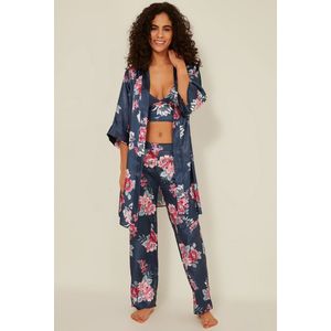 AMARANTA- Cadeau-Satin 3 Piece Nightgown Set- 3 stuk Satijnen Pyjama set-Indigo kleur-maat S